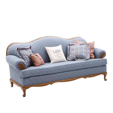 Camelback Upholstered Sofa By Broyhill In Blue With Accent Pillows Ebth