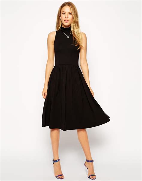 Asos Midi Skater Dress With Polo Neck And Cut Away Arm In Black Lyst