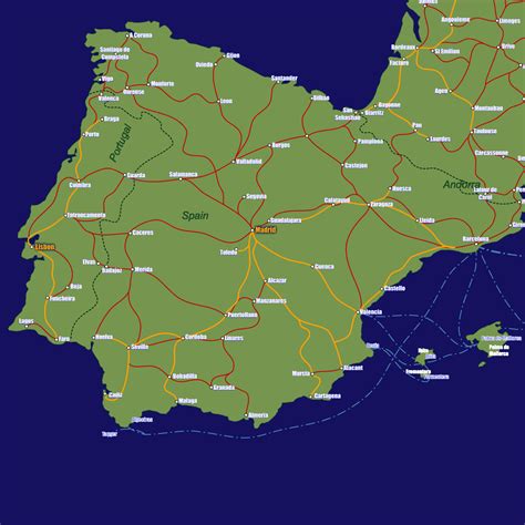 The atlantic ocean borders to the west of portugal, spain, and france; Spain Rail Travel Map - European Rail Guide