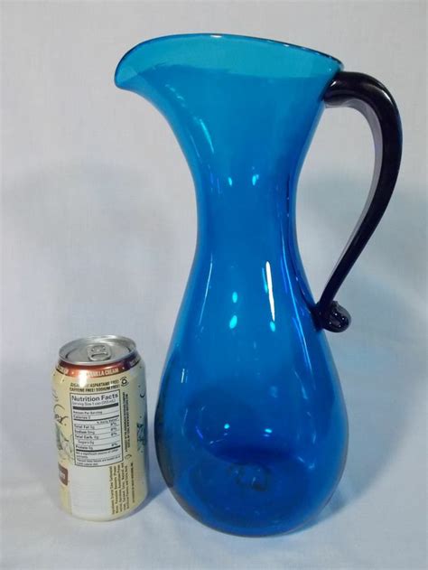 Vintage Blenko Glass Hand Blown Turquoise Blue Pitcher 569p 175 Blue Pitcher Blenko Glass
