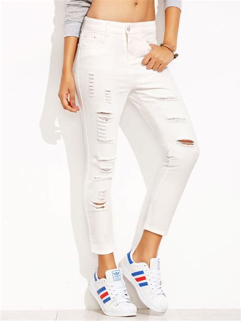 White Ripped Skinny Ankle Jeansfor Women Romwe