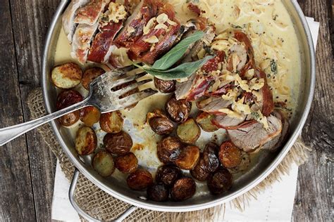 Pork tenderloin seared until golden then oven baked in an incredible honey garlic sauce until sticky on recipe v video v dozer v. Prosciutto Wrapped Pork Tenderloin and Potatoes | Seasons ...