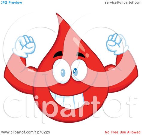 Clipart Of A Happy Blood Or Hot Water Drop Flexing His Muscles Royalty Free Vector