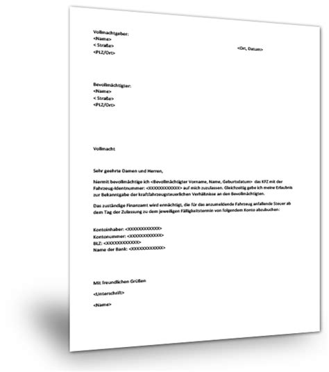 Wie sieht eine vollmacht für die zulassung aus? Vollmacht Vorlage Kfz Nutzung