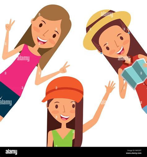 Three Girls Happy Waving Hand With Map Tourist Stock Vector Image And Art