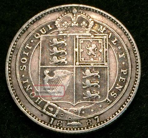 1887 Silver Great Britain Shilling Queen Victoria Coin Very Fine