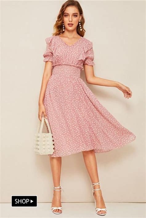 Pink V Neck Ruffle Trim Puff Sleeve Boho Midi Dress In 2020 Boho