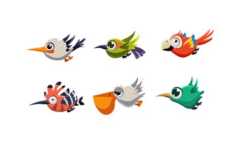 Cute Cartoon Colorful Exotic Flying Little Birds Set