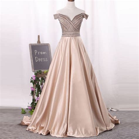 Off The Shoulder Champagne Prom Dress A Line Formal Gown With Beaded