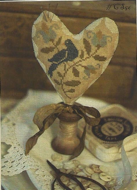 Primitive Folk Art Cross Stitch Pincushion Pattern Heart Pinkeep 7