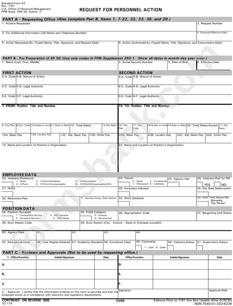 Fillable Standard Form 52 Request For Personnel Action Printable Pdf