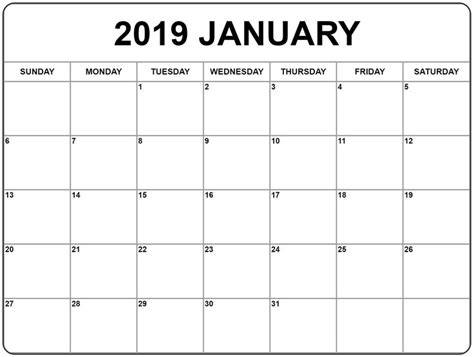 Printable Blank Calendar January 2019 Calendar Printables Monthly