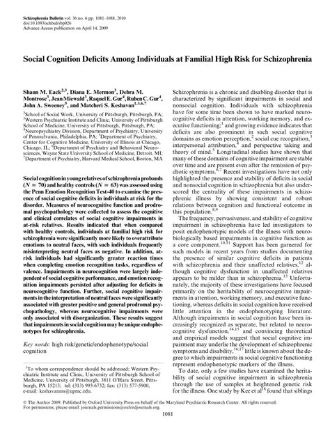 Pdf Social Cognition Deficits Among Individuals At Familial High Risk For Schizophrenia