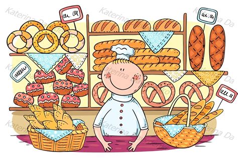 Clipart Cartoon Baker Selling Bread And Buns At The Bakery 472550