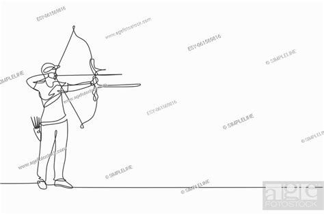 One Continuous Line Drawing Of Young Archer Man Pulling Bow To Shooting