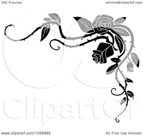 Clipart Of A Black And White Corner Floral Rose Vine Border Design