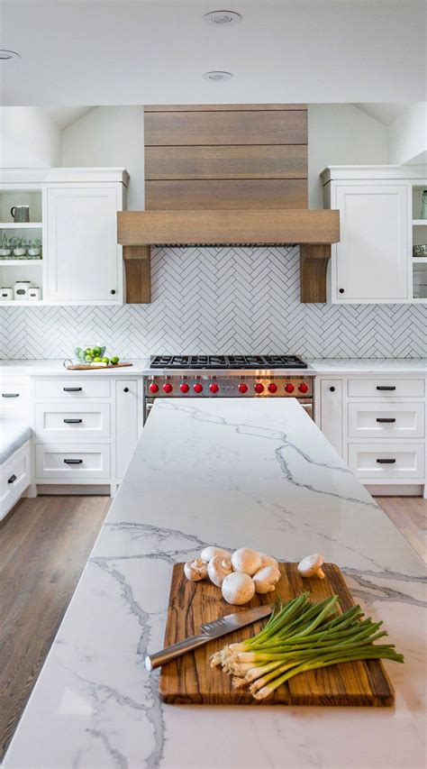 Transitional Farmhouse Kitchen With Long Marble Countertop Island Wood