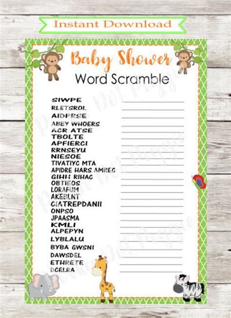 Cute Jungle Animals Safari Word Scramble Baby Shower Game Etsy