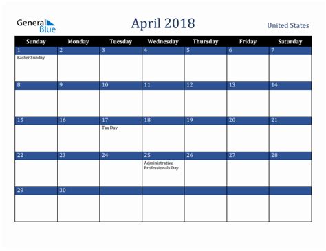April 2018 Monthly Calendar With United States Holidays