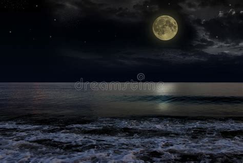 Beautiful Magic Blue Night Sky With Clouds And Full Moon