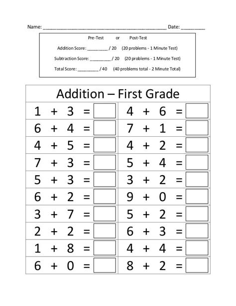 First Grade Addition Subtraction Timed Test Free Printable Math