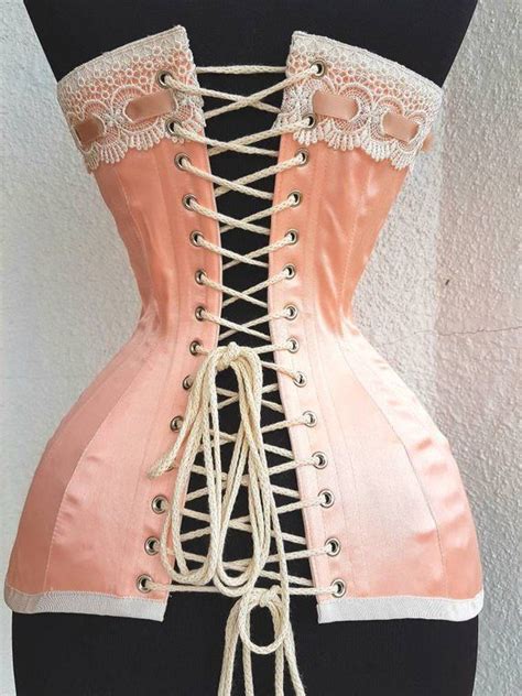 Peach Pink Satin Coutil Steel Boned Edwardian S Curve Overbust Tight Lacing Corset With Venise