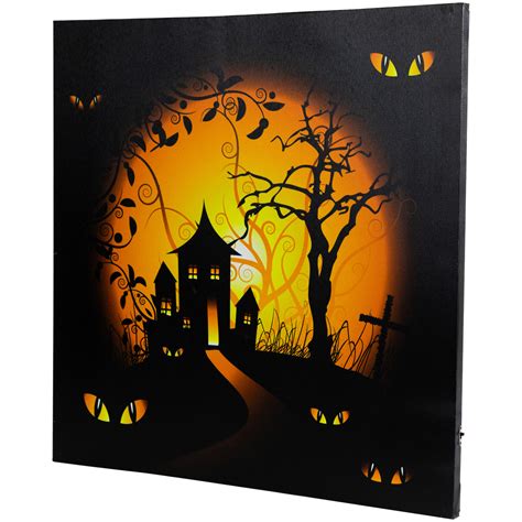 Led Lighted Spooky House And Eyes Halloween Canvas Wall Art 1975” X 19