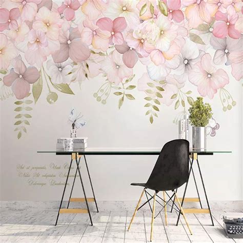 Watercolor Pink Flowers Wallpaper Wall Mural Hanging Branch Etsy