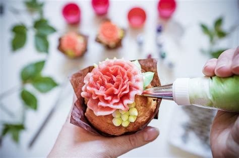 Cupcake With Rose, From Korean Buttercream, Dessert Stock ...