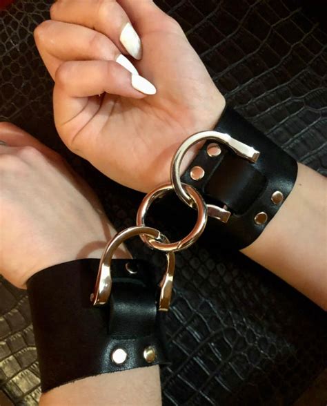 Black Leather Bondage Bdsm Wrist Cuffs Set Handcuffs Etsy