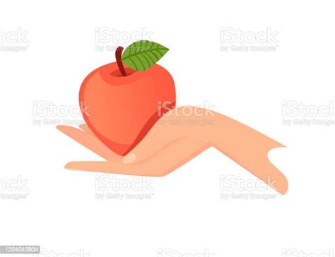 Main Retenez La Pomme Rouge Avec Lillustration Plate Verte De Vecteur