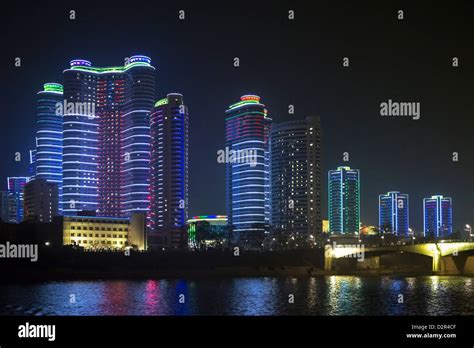 Modern City Apartments Illuminated At Night Pyongyang Democratic