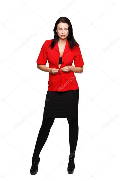 Sexy Brunette Woman Undress Red Suit Isolated Stock Photo By