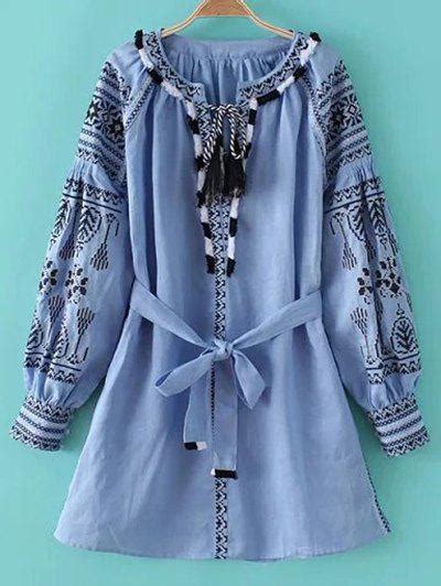 [30 Off] 2021 Round Neck Long Sleeve Belted Embroidered Dress In Light Blue Zaful