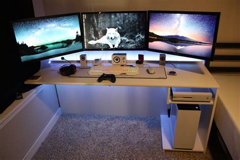 Custom White Desk For Pcxbox Triple Monitor Setup Rbattlestations