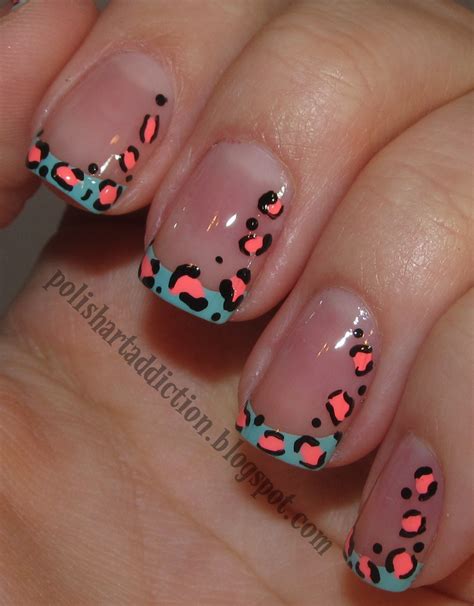 Where to put rhinestones on a teal nail? Teal and Coral Leopard French