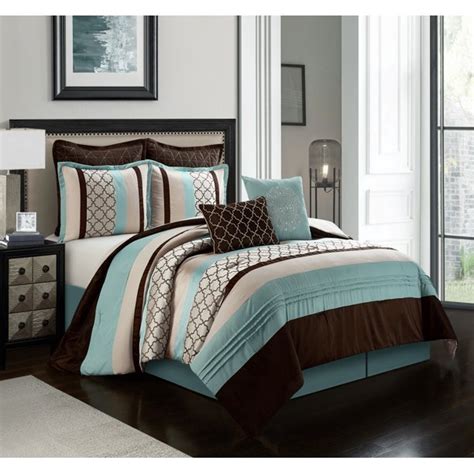This comforter set features piped edges and an elegant box stitch to prevent fill from shifting. Aqua Brown Bedding - Bedding Design Ideas