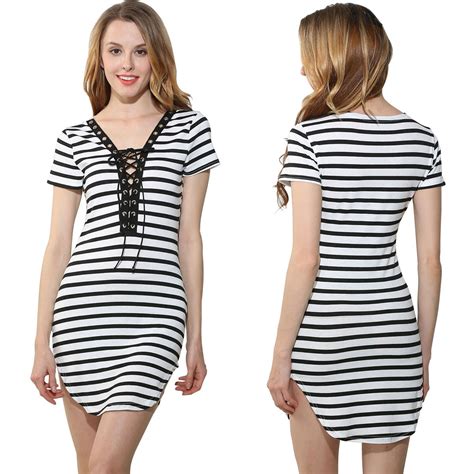 Womans Fashion Dress Sexy Deep V Neck Women S Casuals Clothing Dresses Elegant Mini Striped