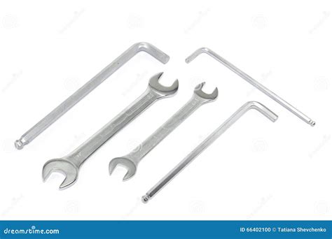 Different Sized Chrome Wrenches Isolated On White Top View Stock Photo