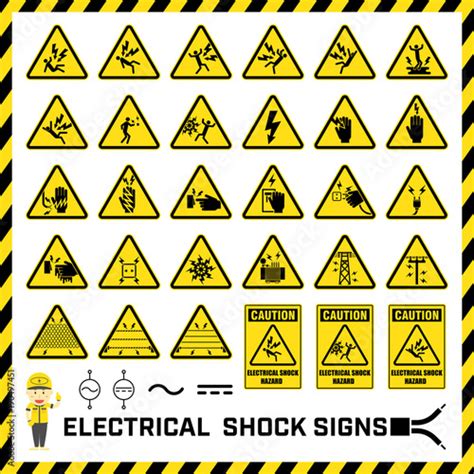 Set Of Safety Caution Signs And Symbols Of Electrical Shock Hazards Labels And Signs For
