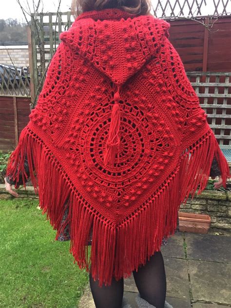handmade crochet hooded poncho with fringe and tassel in fabulous red seventies retro vintage