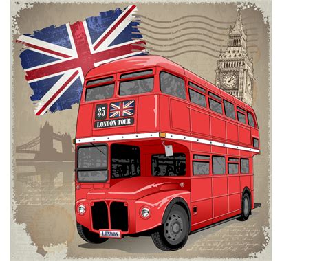 Retro London Background With Red Bus Vector Free Download