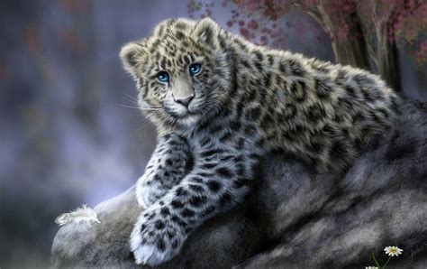 Snow Leopard Spot Animal Rendering Blue Eyes Art