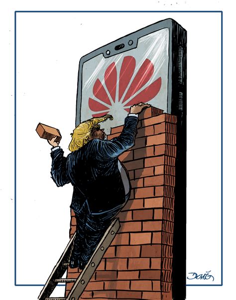 Political Cartoon Us Trump Screen Block Huawei China Business Screen