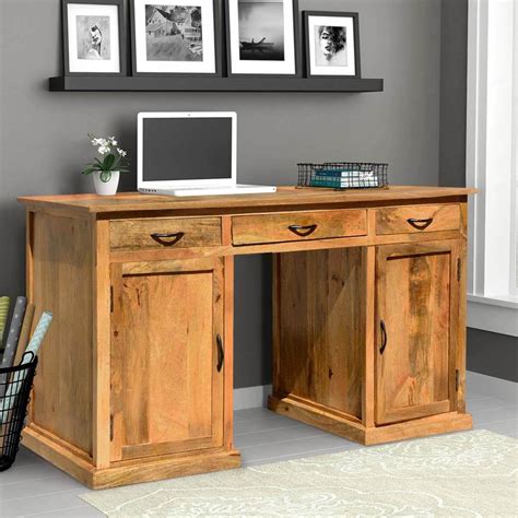 Solid Mango Wood Home Office Computer Desk With Drawers And Cabinets