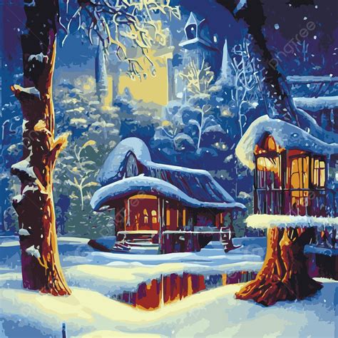 Christmas Night Scene With Snowy House And Decorated Tree Vector Hill