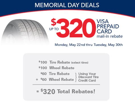 † this offer can be combined with manufacturer rebates and exclusive discount tire instant savings see current offers Discount Tire Direct Memorial Day Sale Promotion: Up to $320 Visa Card