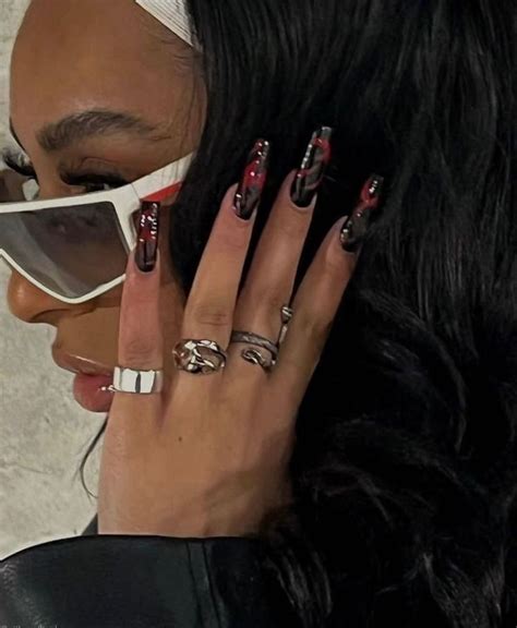 rockstars gf aesthetic aesthetic nails black and red nails white sunglasses cute sunglass