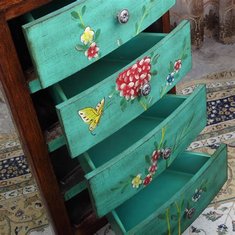 Vintage Walnut Corner Cabinet Chest Of Drawers Antique Green Floral And Butterfly Decorative Surface