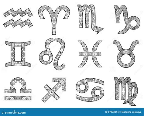 Set Of Decorative Black And White Zodiac Signs Stock Vector Image